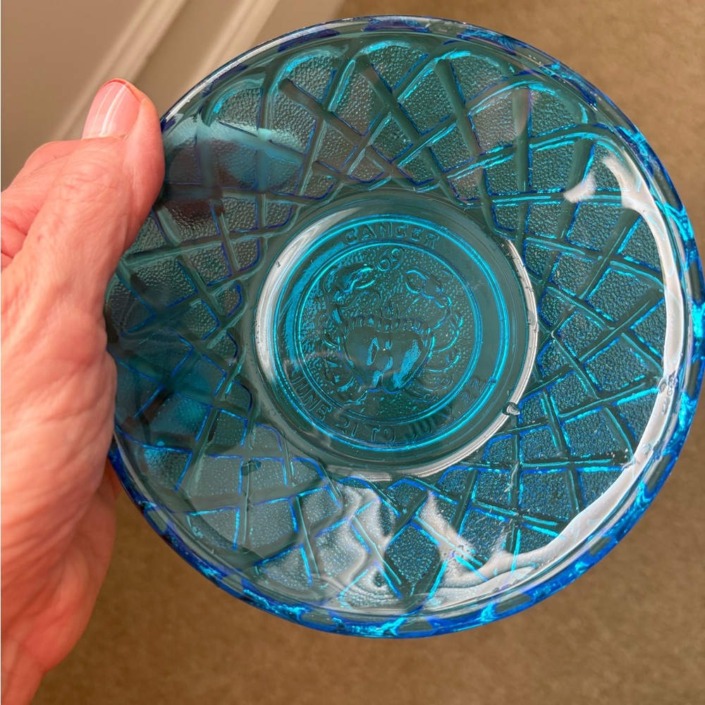 Elegant antique Blue Glass Trinket Bowl Cancer Horoscope Crab 1970s